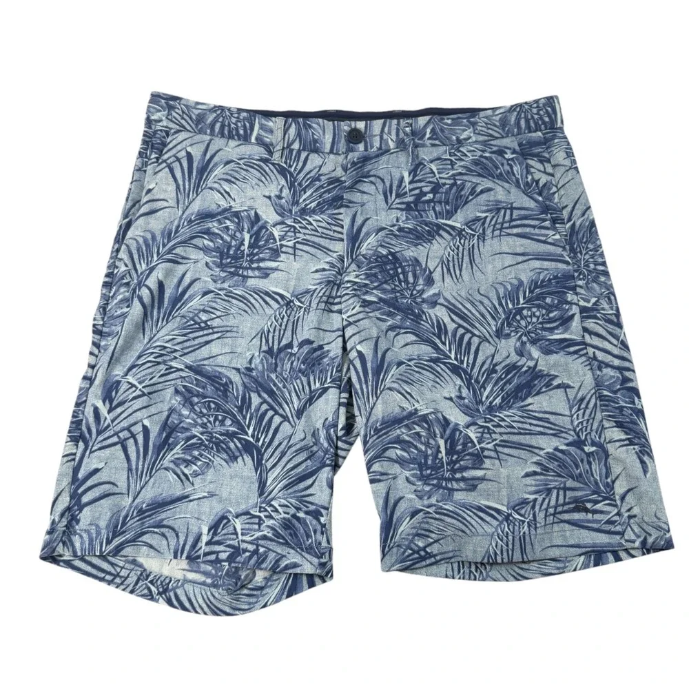 Tommy Bahama Mens 36 Blue Tropical Palm Leaf Print Linen Blend Shorts Summer